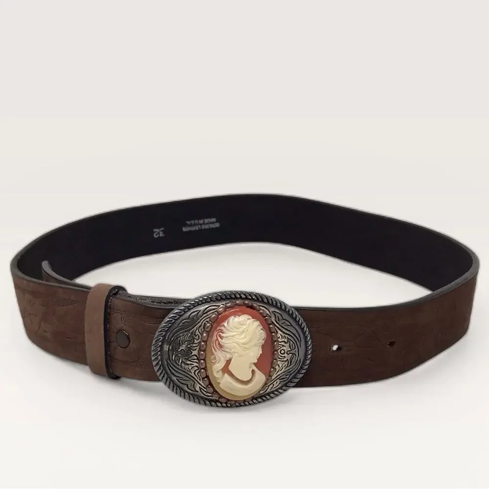 Vintage Cameo Buckle Leather Belt Floral Embossed Brown By Funkie Junk